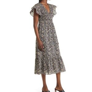 Rails Black and White Floral Smocked Midi Ruffle Short Sleeve Dress